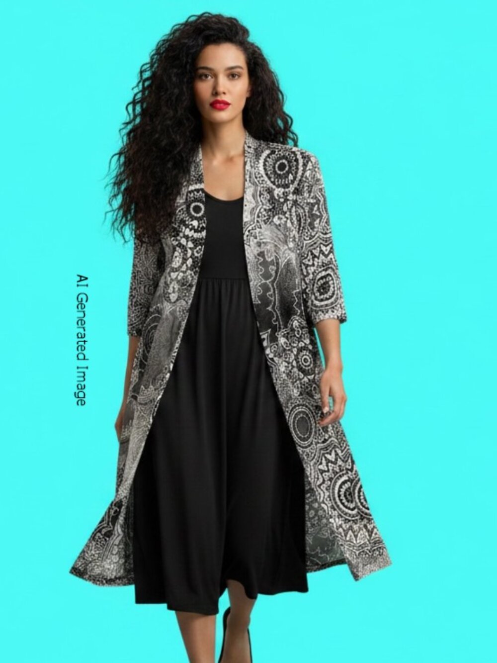 Laura Black White Mandala Duster Kimono Dress Set Size 12